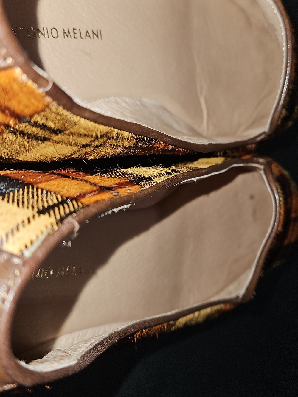 ANTONIO MELANI Yellow and Brown Plaid Calf Hair Women's Loafers Size 9 - Picture 13 of 13